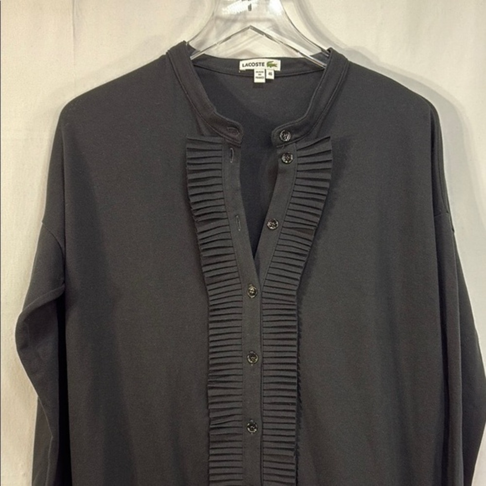 🦬 Lacoste black pique Knit cardigan ruffle front Top